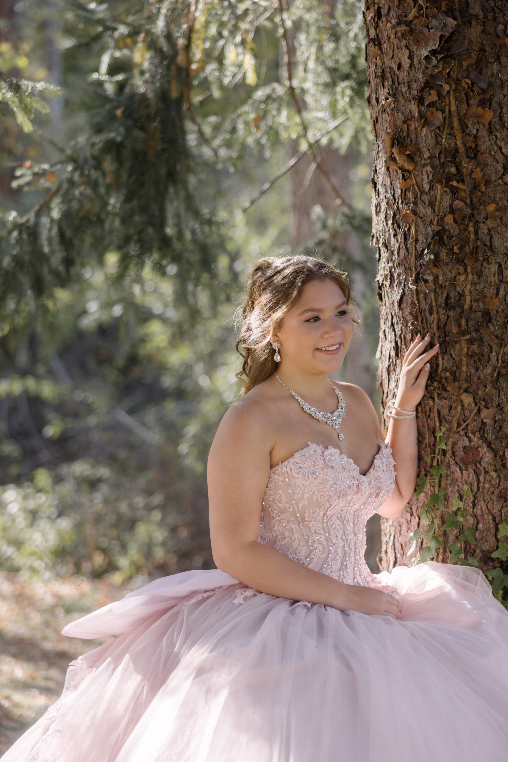 A beautiful quinceañera girl, Lilly, posing in her elegant pink gown under a tree, captured in Cleveland, Ohio.