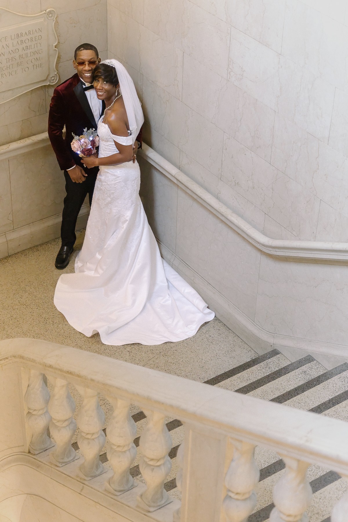 Yolanda and Ron on a quiet landing at Cleveland Public Library